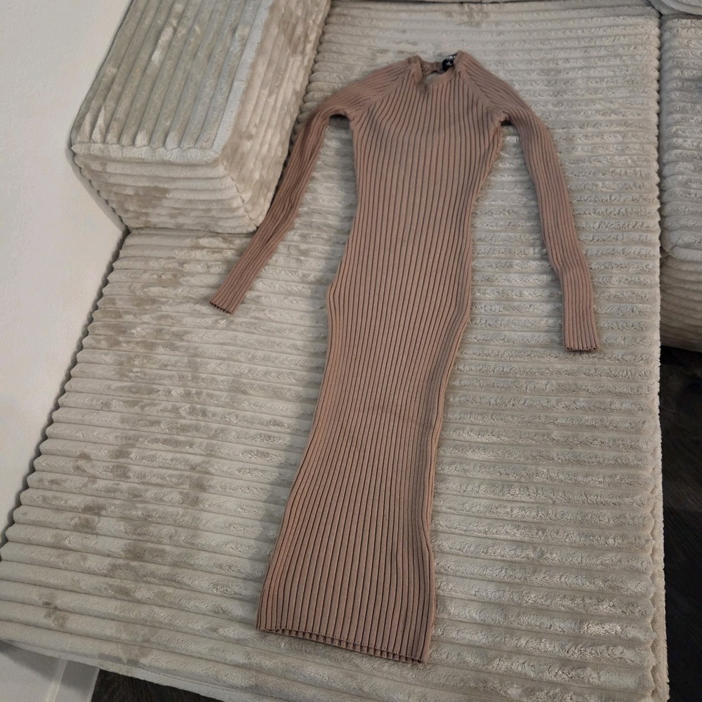 HERA Collection Twist Back Cutout Ribbed Knit Bodycon Midi Dress Taupe Brown S